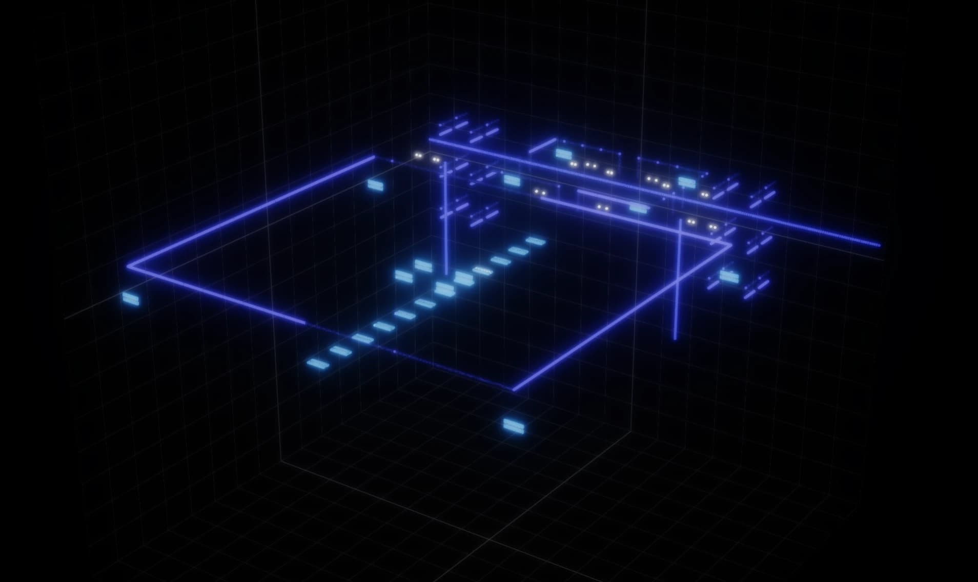 The 3D view: a rig of moving heads and LED bars laid out on a stage grid
