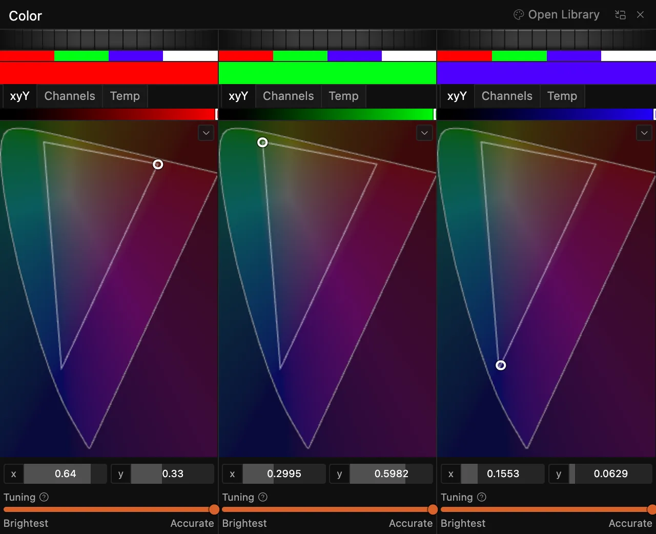 The color panel: three presets picked on CIE chromaticity diagrams, each with its xy values and a tuning slider