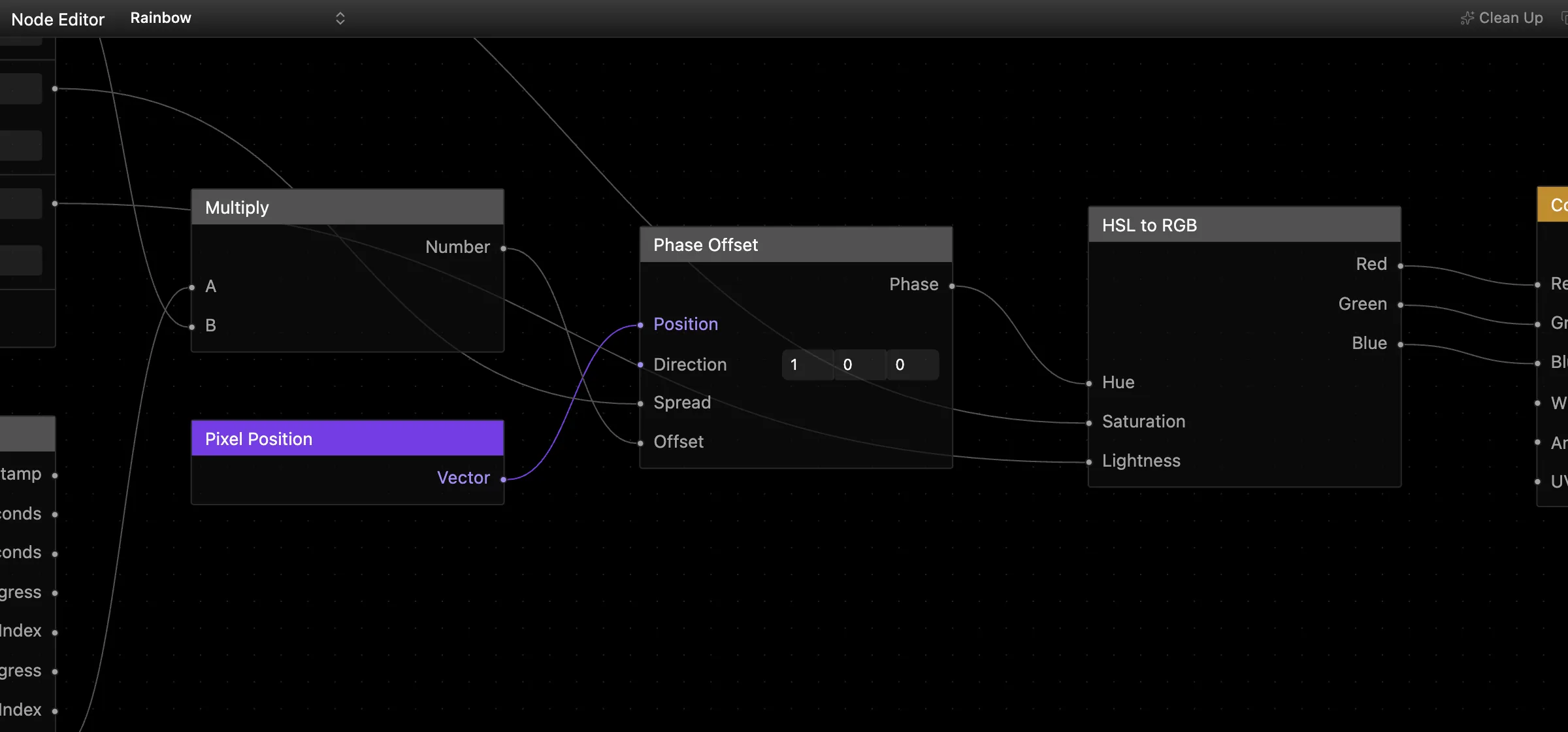 The node editor running the Rainbow effect: pixel position and time feed a phase offset, an HSL-to-RGB node and a color output