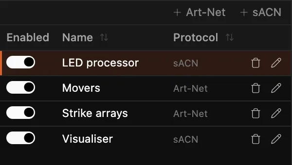 The outputs list: two Art-Net and two sACN outputs, all enabled, named for the movers, the strike arrays, the LED processor and the visualiser