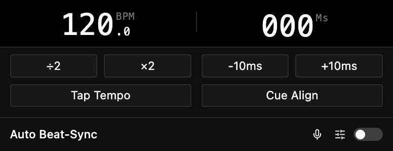 The Beat Matcher panel: the BPM readout, the double and halve controls, Tap Tempo, Cue Align, and the Auto Beat-Sync switch