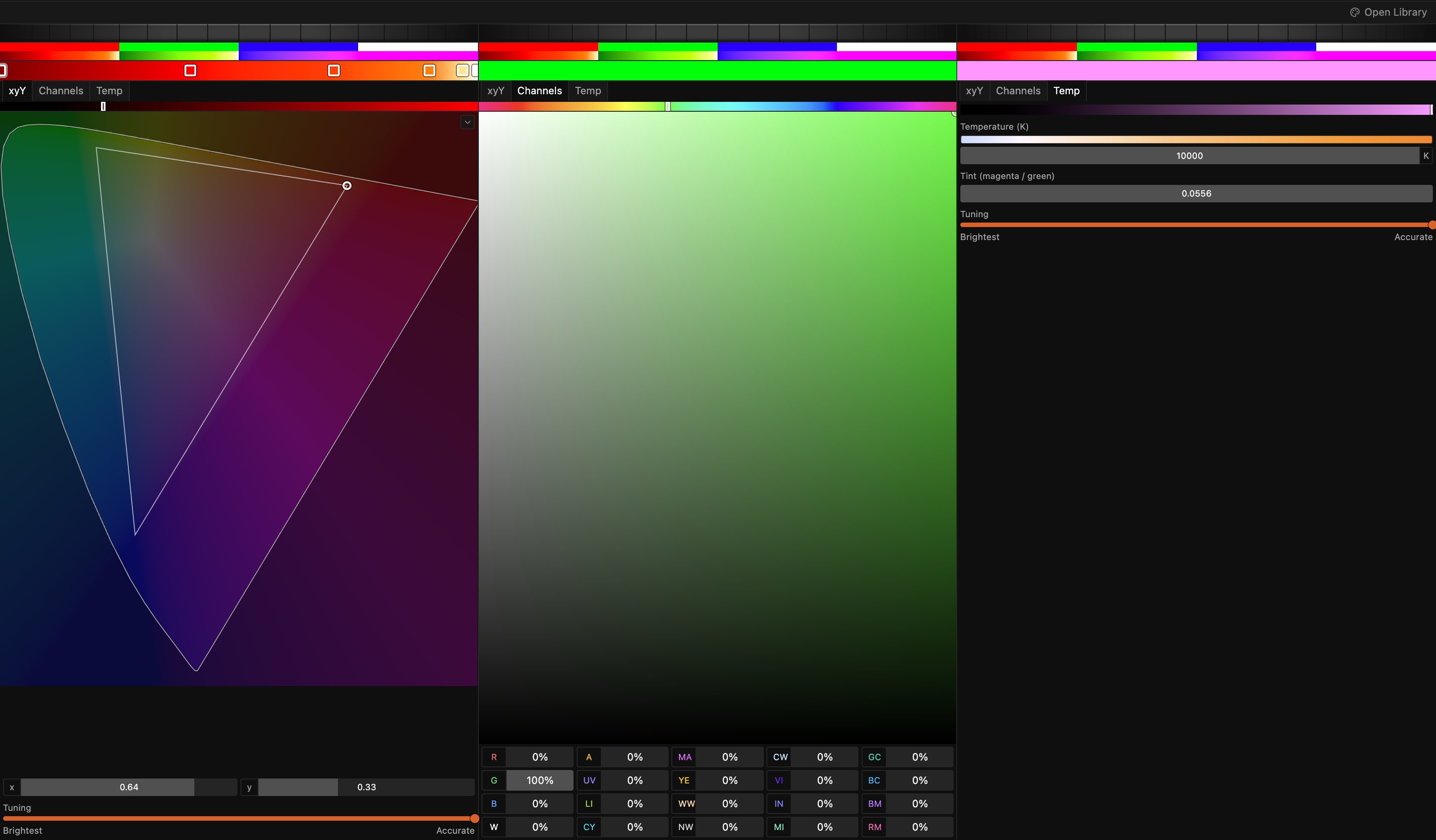 The Color panel: three preset colors, the first in xyY, the second in Channels, the third in Temp
