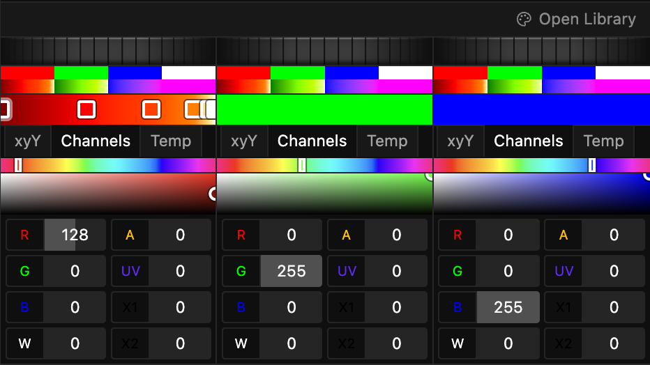 The Color panel: three preset colors, each with xyY, Channels, and Temperature modes and its emitter values