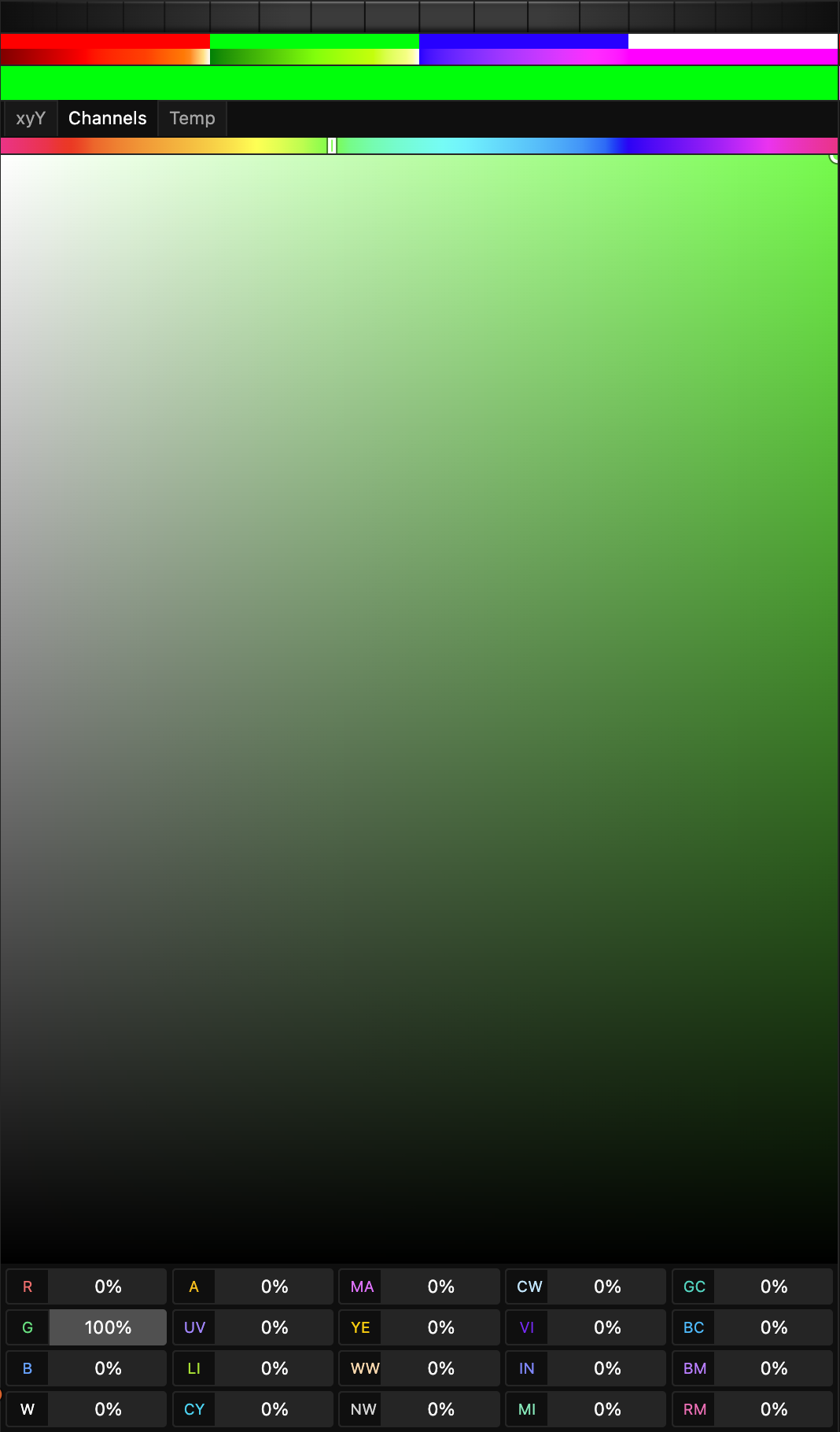 The Channels tab: a hue bar, a saturation and brightness area, and a grid of per-emitter percentage fields