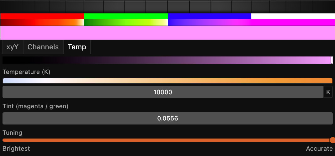 The Temp tab: a Brightness bar, a Temperature slider and kelvin field, a Tint field, and the Tuning slider