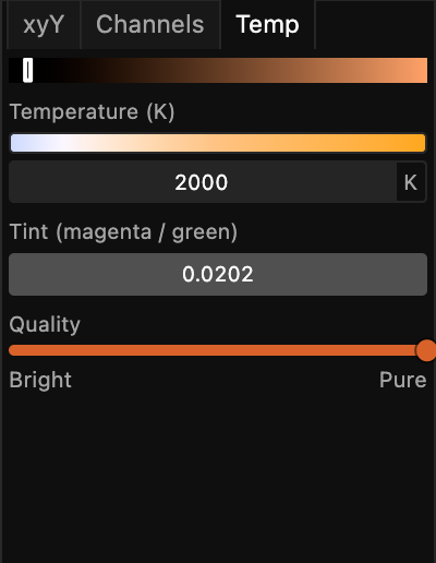 The Temp tab: a color temperature in kelvin, a green-to-magenta tint, and a Quality slider
