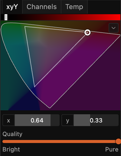 The xyY tab of the color picker: a CIE chromaticity area, x and y coordinates, and a Quality slider from Bright to Pure
