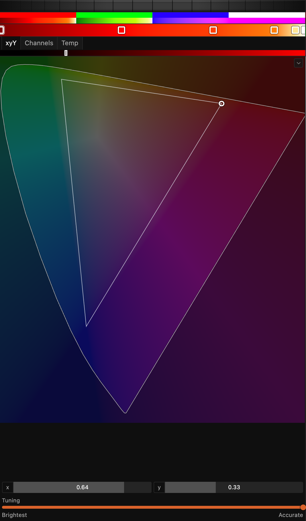 The xyY tab: the CIE chromaticity diagram with the current color marked, a Brightness bar above it, x and y fields, and the Tuning slider from Brightest to Accurate