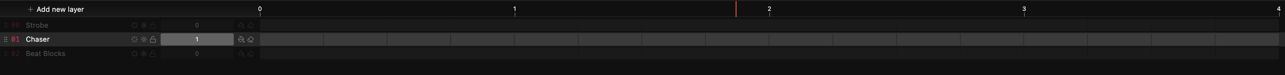 The Timeline stack: layers composited bottom to top, each with its effect and an opacity value