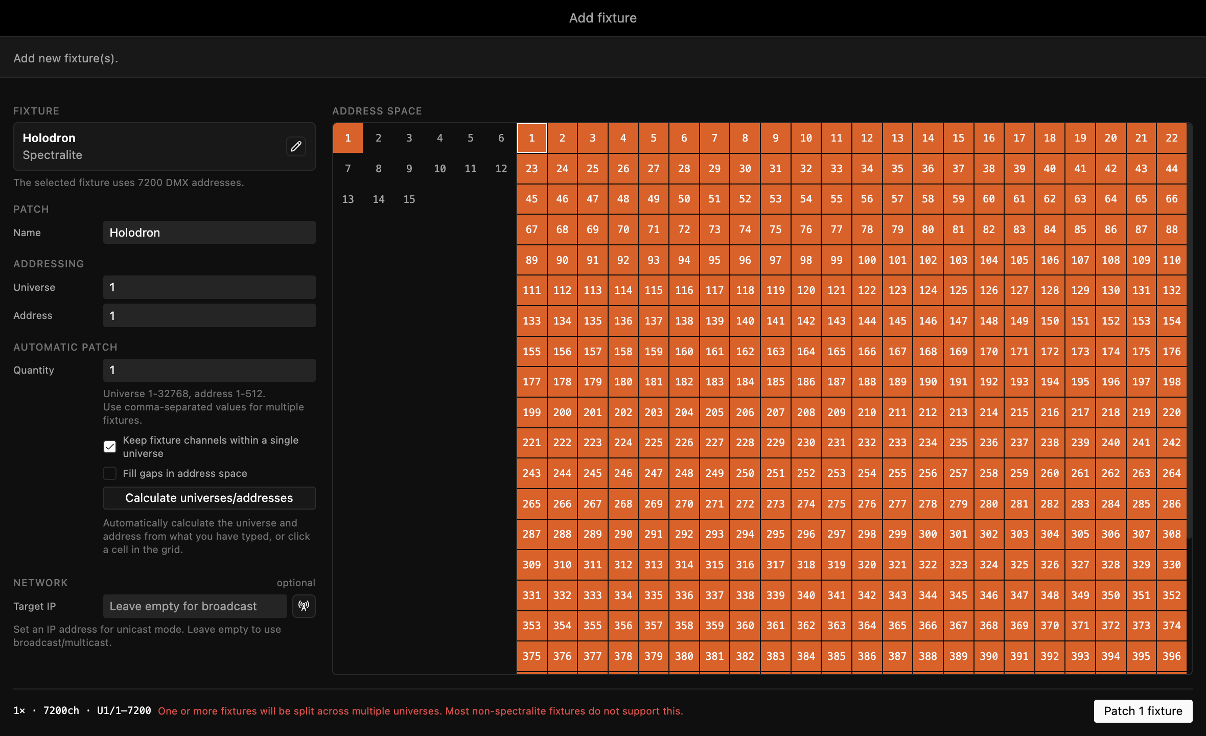 The addressing step with Universe 1 and Address 1 set, the Holodron filling the Address Space grid