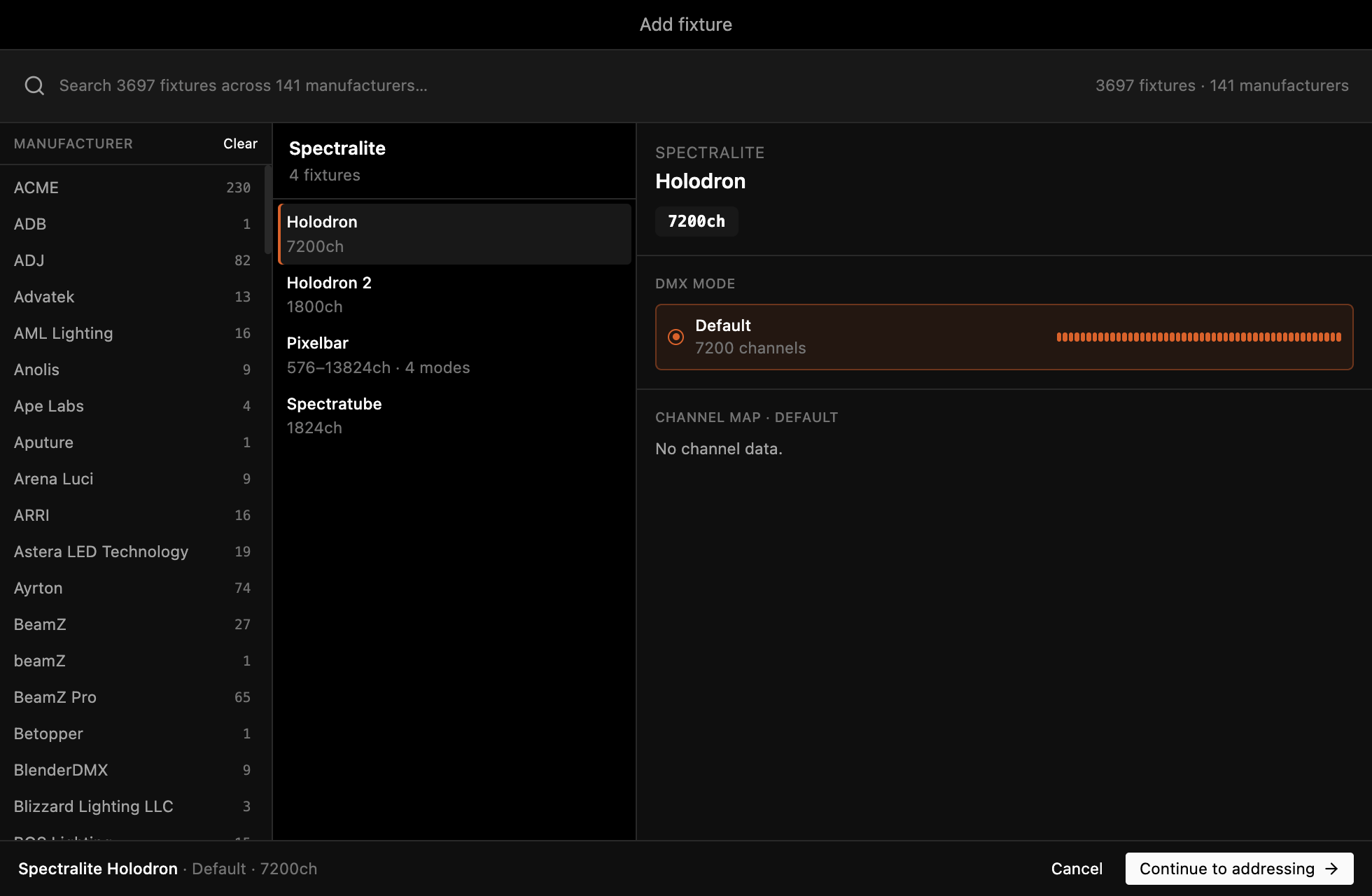 The Add fixture dialog with Holodron selected under the Spectralite manufacturer group