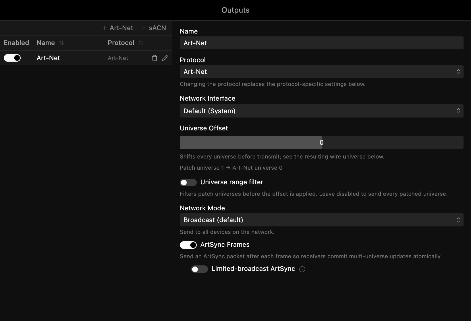 The Outputs dialog with an Art-Net output selected