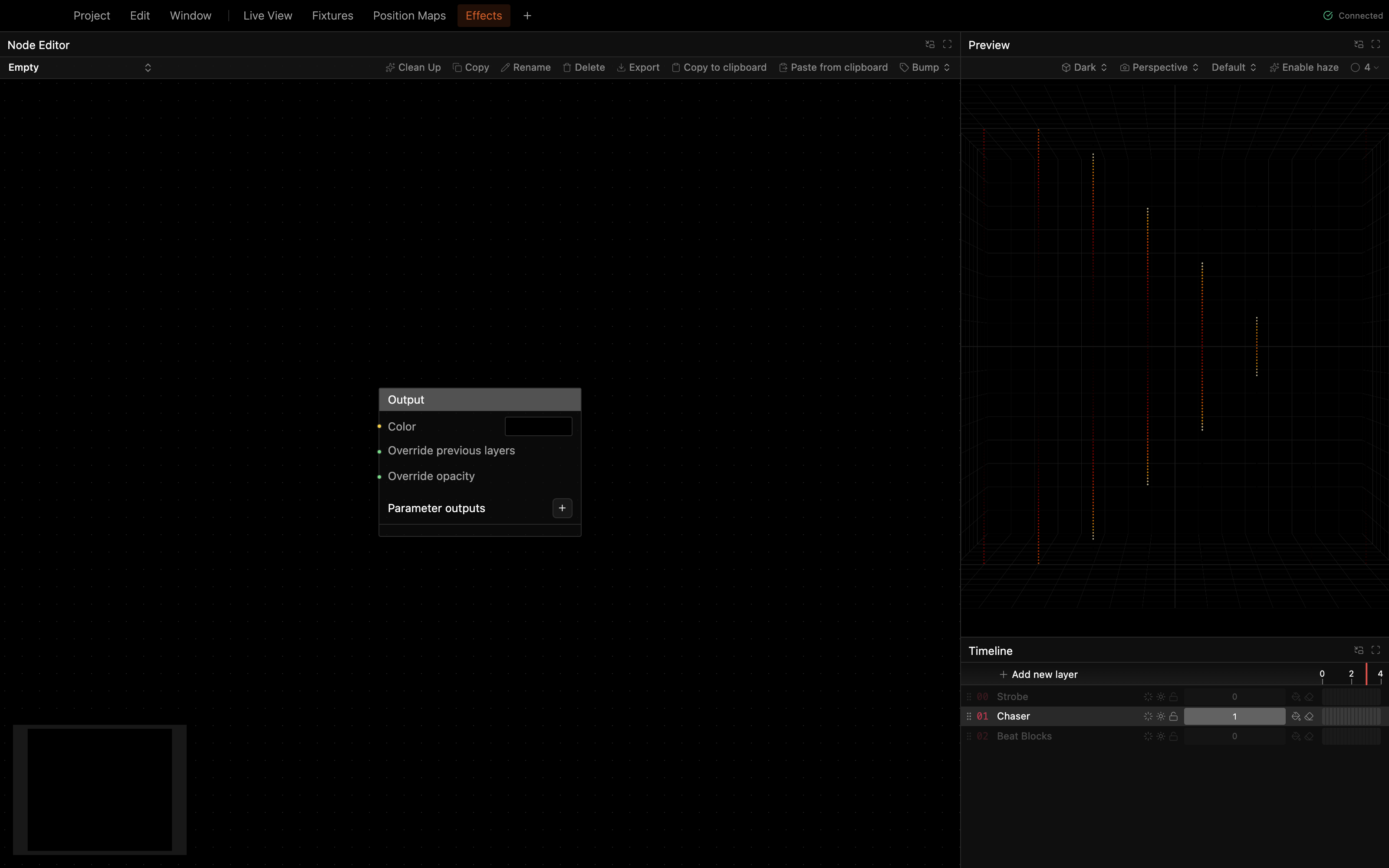 The Effects workspace with the Node Editor and an effect's Output node