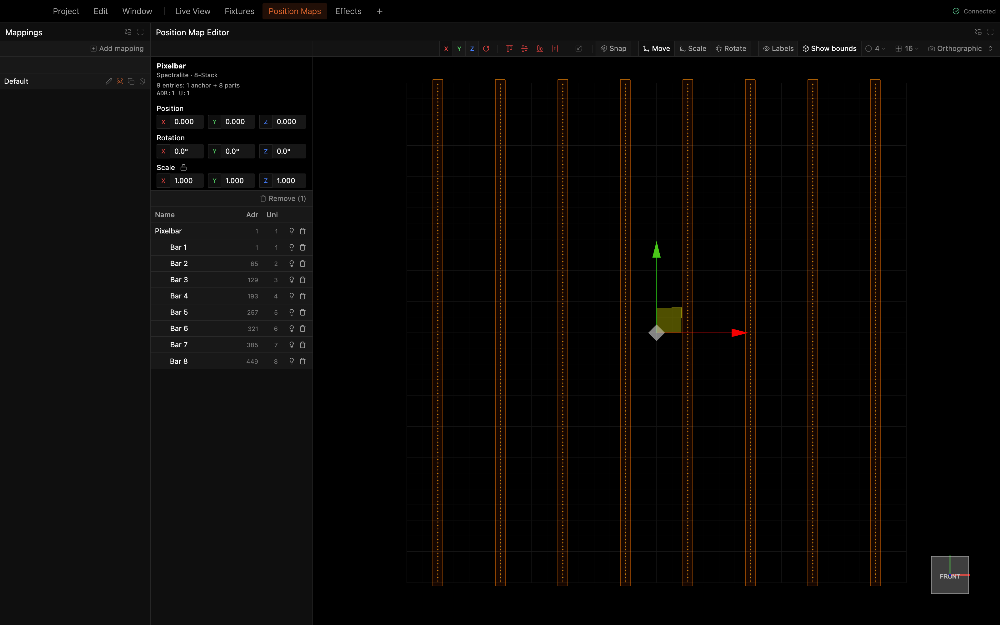The Position Maps workspace showing eight pixelbars arranged in 3D