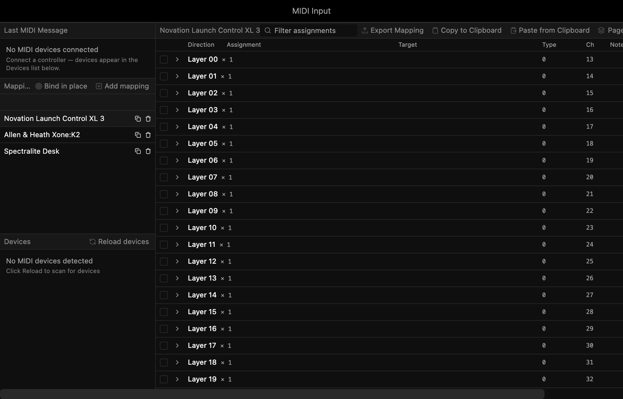 The MIDI Input dialog: devices and mappings on the left, a mapping's assignment table on the right