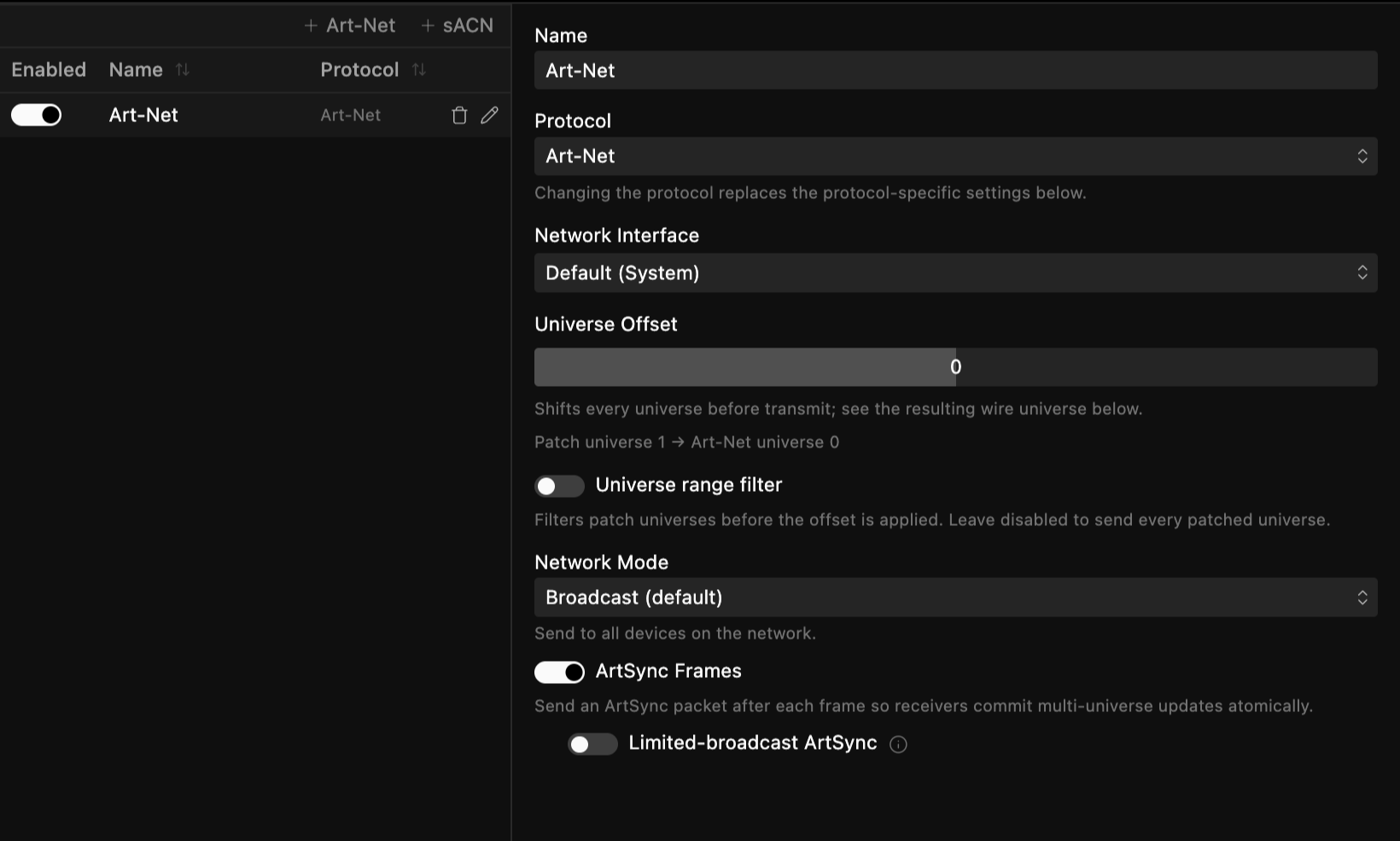 The Outputs dialog: an Art-Net output's Universe Offset field with the live preview mapping patch universe 1 to Art-Net universe 0