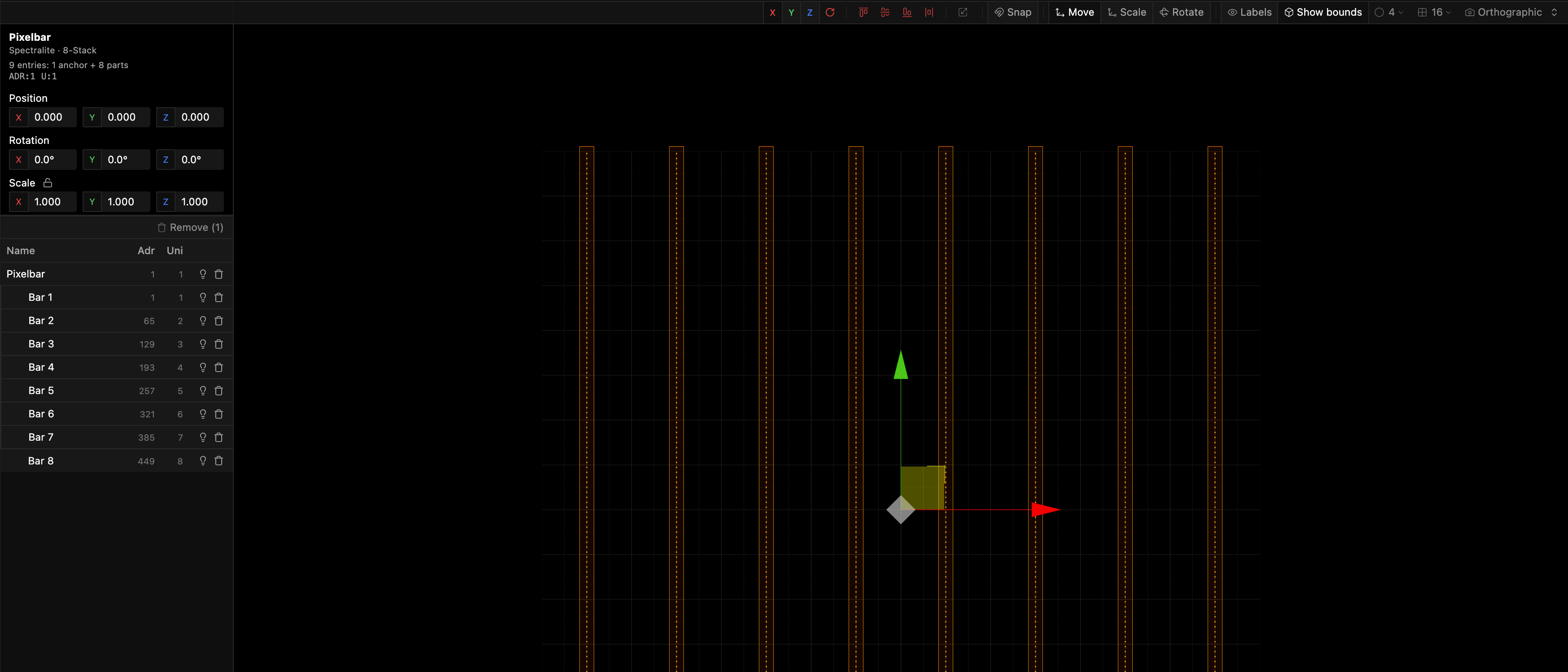 The Position Map Editor: the eight pixelbars placed in 3D space, with the mapping's fixture list beside the viewport